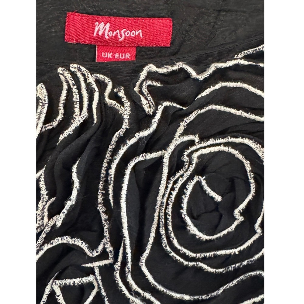 Monsoon Black Linen/Silk Floral Applique A-Line Dress 10 Wedding Guest Cocktail - Picture 5 of 9